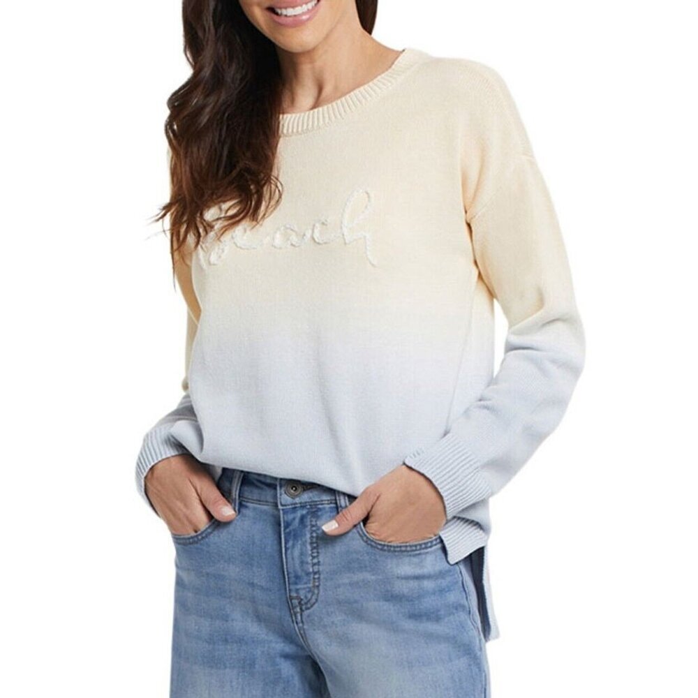 Neely Beach Word Ombre Yellow Blue Long Sleeves Sweater Women Size Small